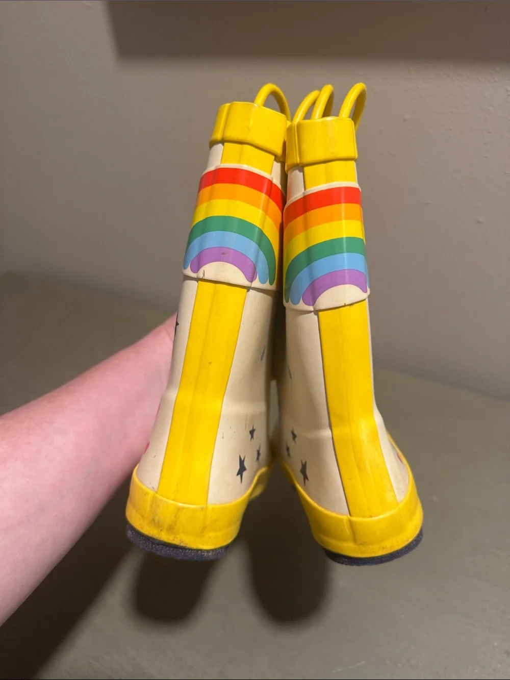 Cat & Jack Kids Yellow & White Rain Boots with Sun and Rainbow Graphics size 12